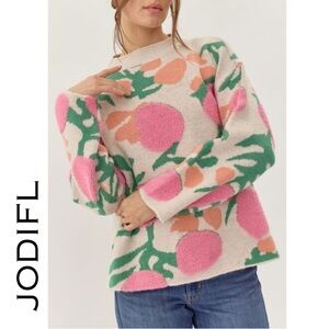 JODIFL Women's Floral Mock Neck Knit Sweater - Pink & Green Abstract Print - NEW